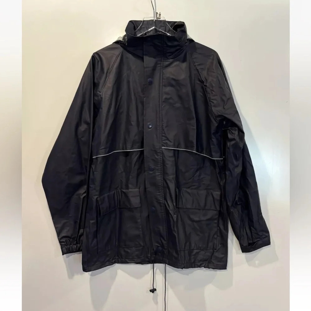 NWT Acadia Mens Navy Blue Removable Hood‎ Rain Coat Size Medium (SU)